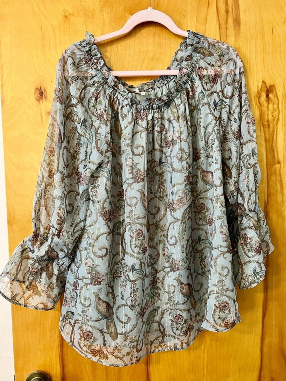 Soft Surroundings Sage Floral Peasant Blouse with Ruffle Neck